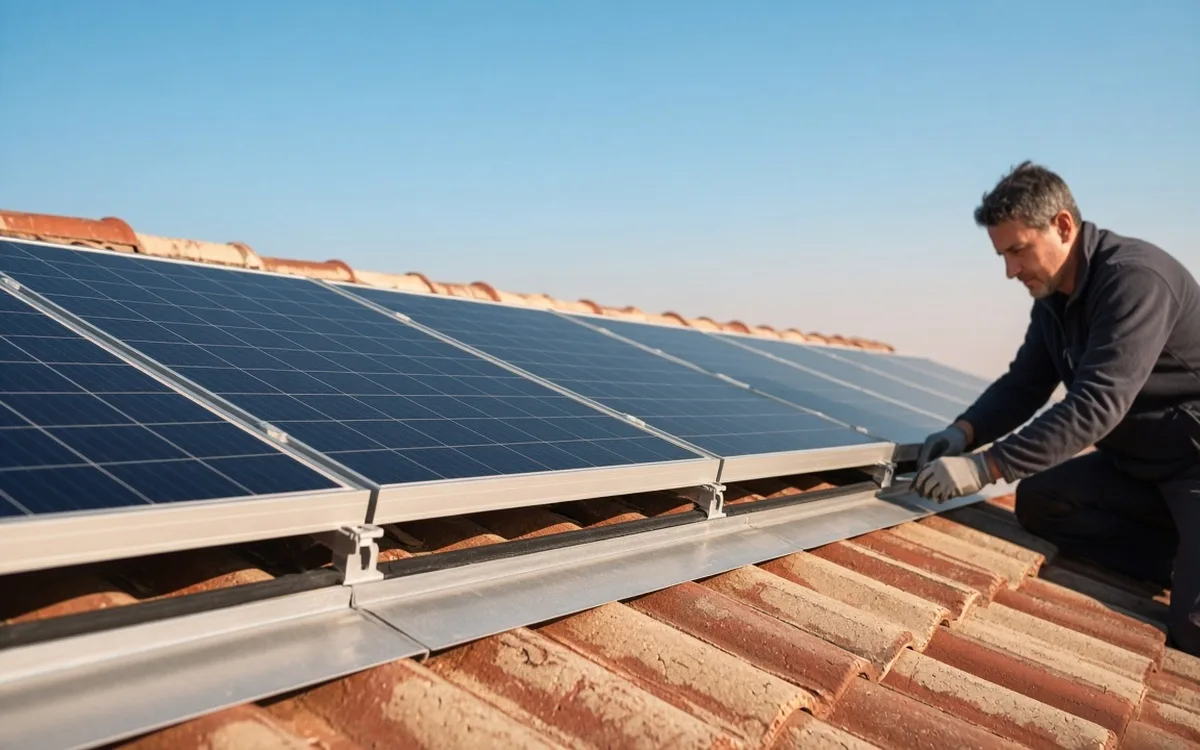 Solar panel row along a roof edge during a final inspection