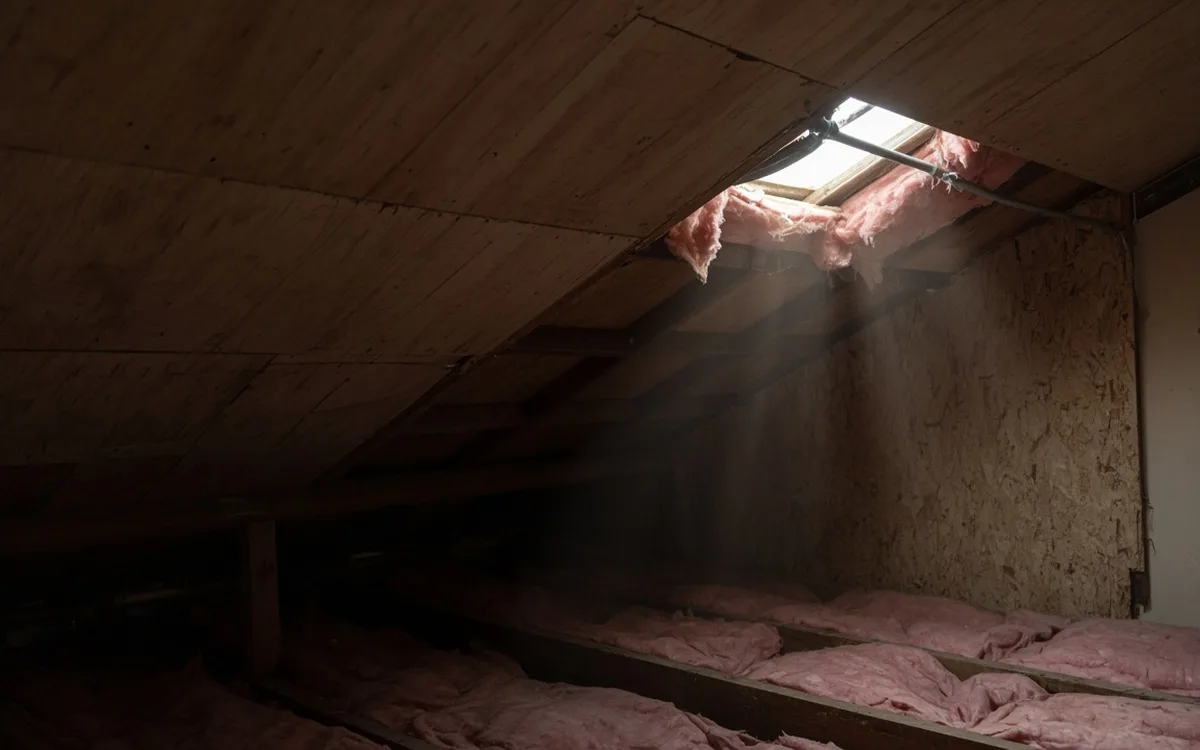Attic interior with plywood decking and daylight near a conduit entry