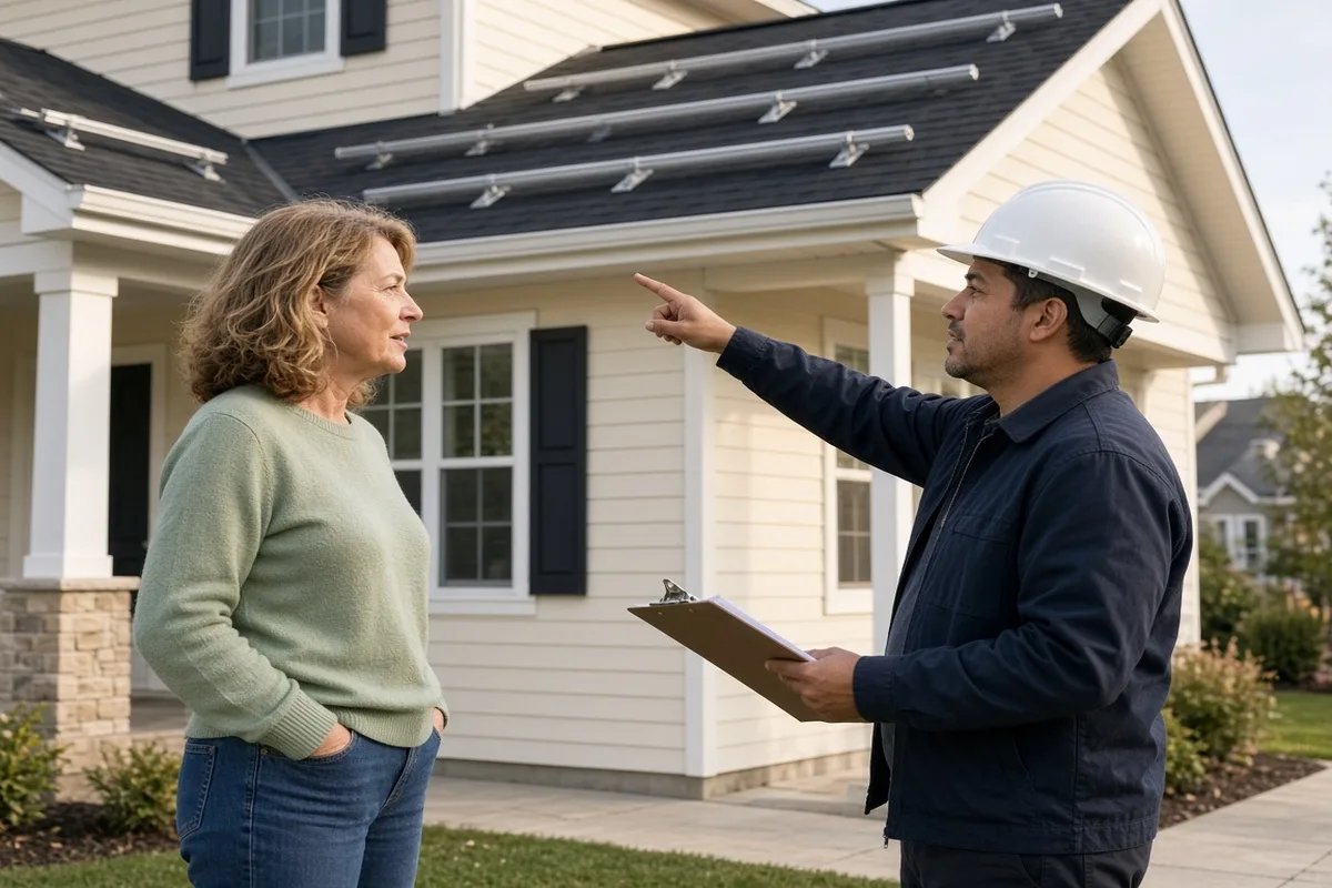 Homeowner speaking with an installer about roof mounts in the driveway