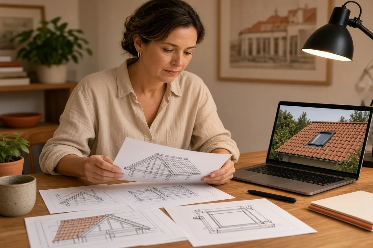 Editor reviewing roof layout sketches at a desk