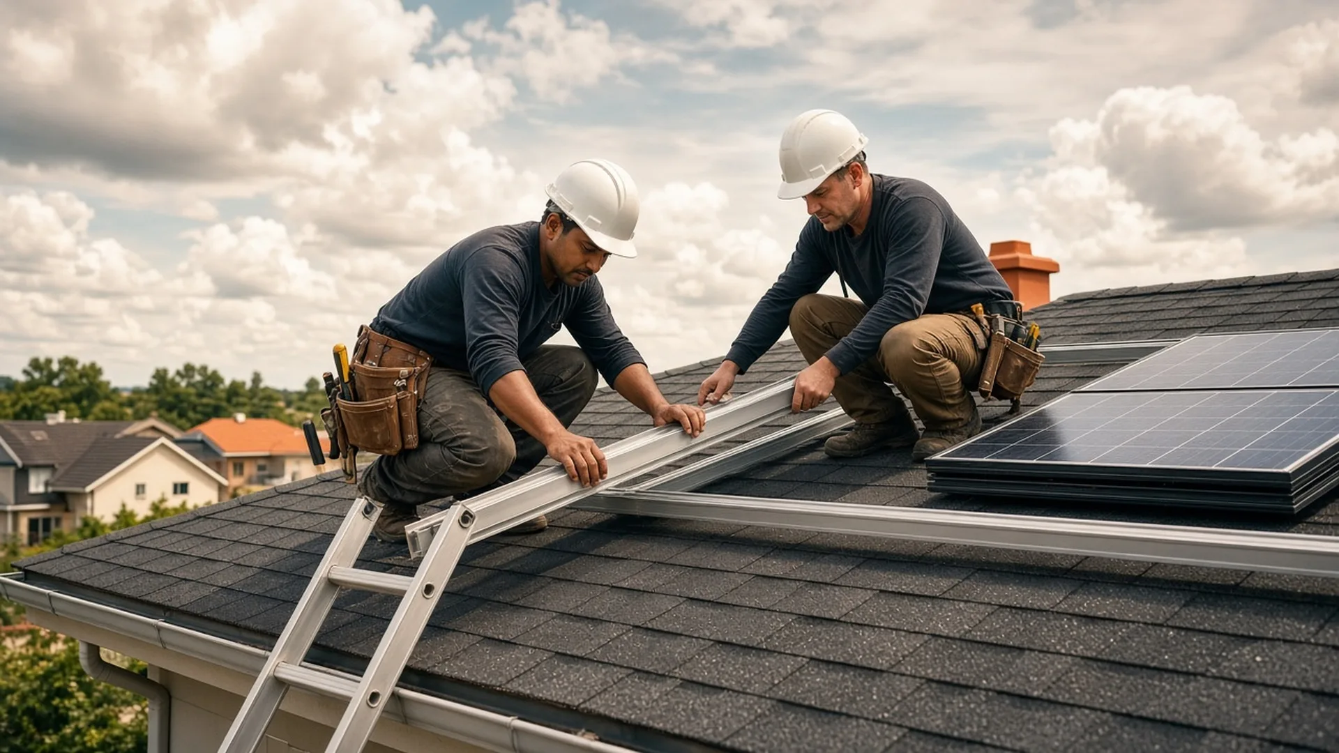 Two installers laying mounting rails beside solar panels on a suburban shingle roof
