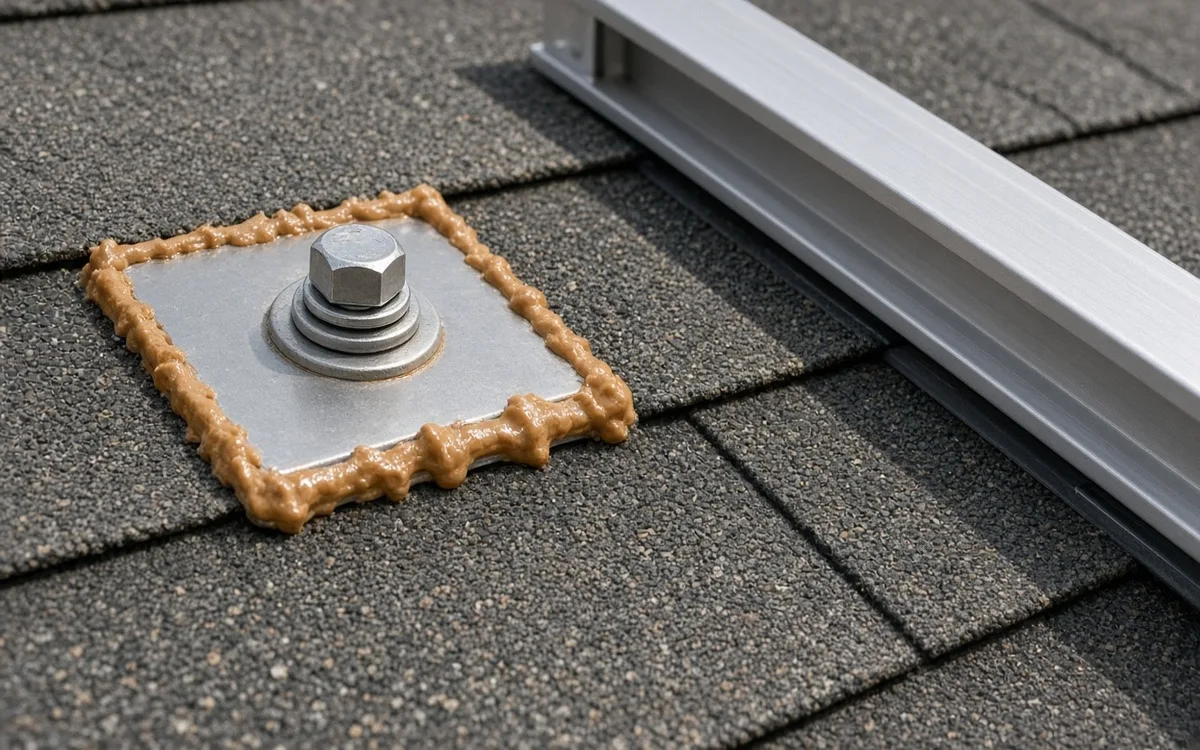 Metal flashing and sealant around a lag bolt foot next to a mounting rail