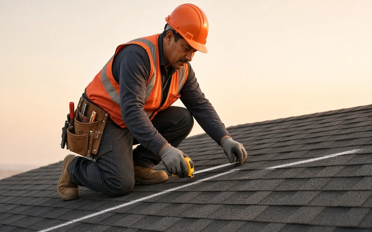 Installer marking a rail position on asphalt shingles with a tape measure